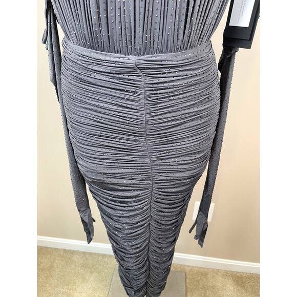 Alex Perry Strapless Sweetheart Ruched Crystal Jersey Iron Gray Midi Dress Sz 4 - Picture 9 of 13